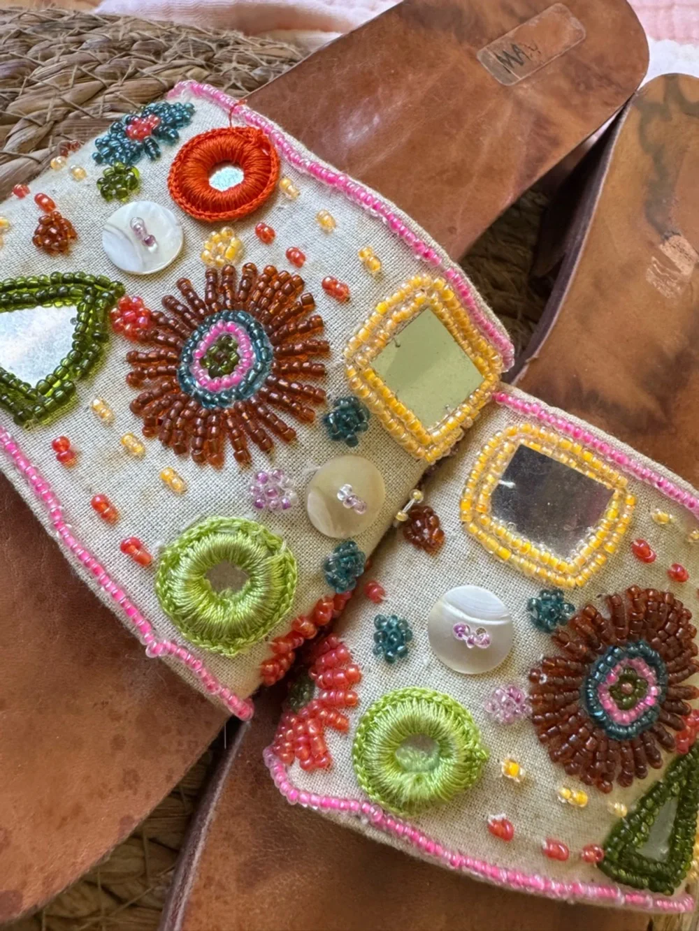 Embroidered Beaded Slide Sandals - Multicolor- boho, leather soles. - Picture 2 of 5